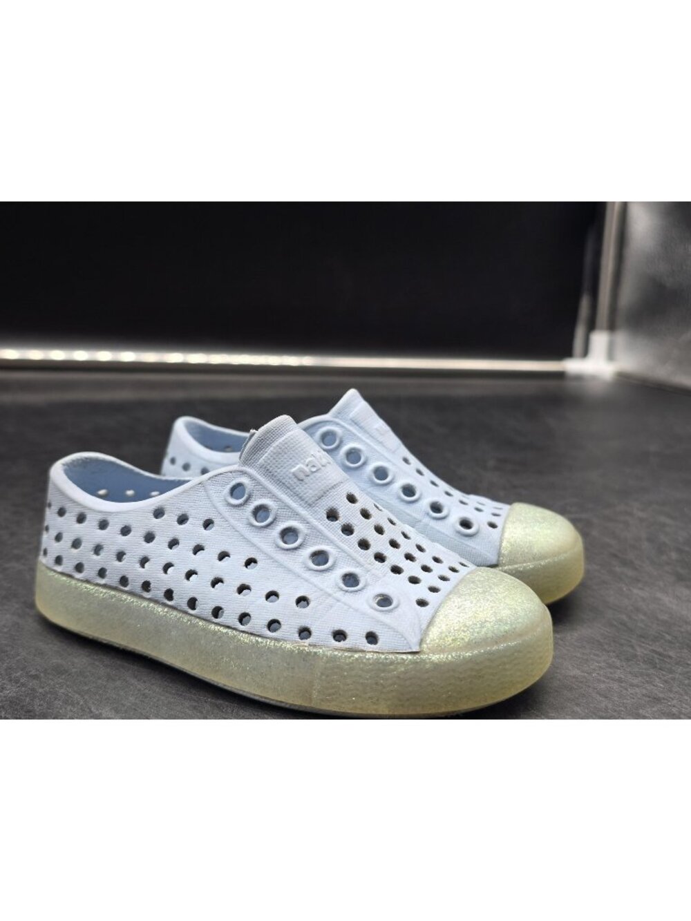 Native Shoes baby Size C5 Blue Glitter Slip On Water Casual Sneakers Stains
